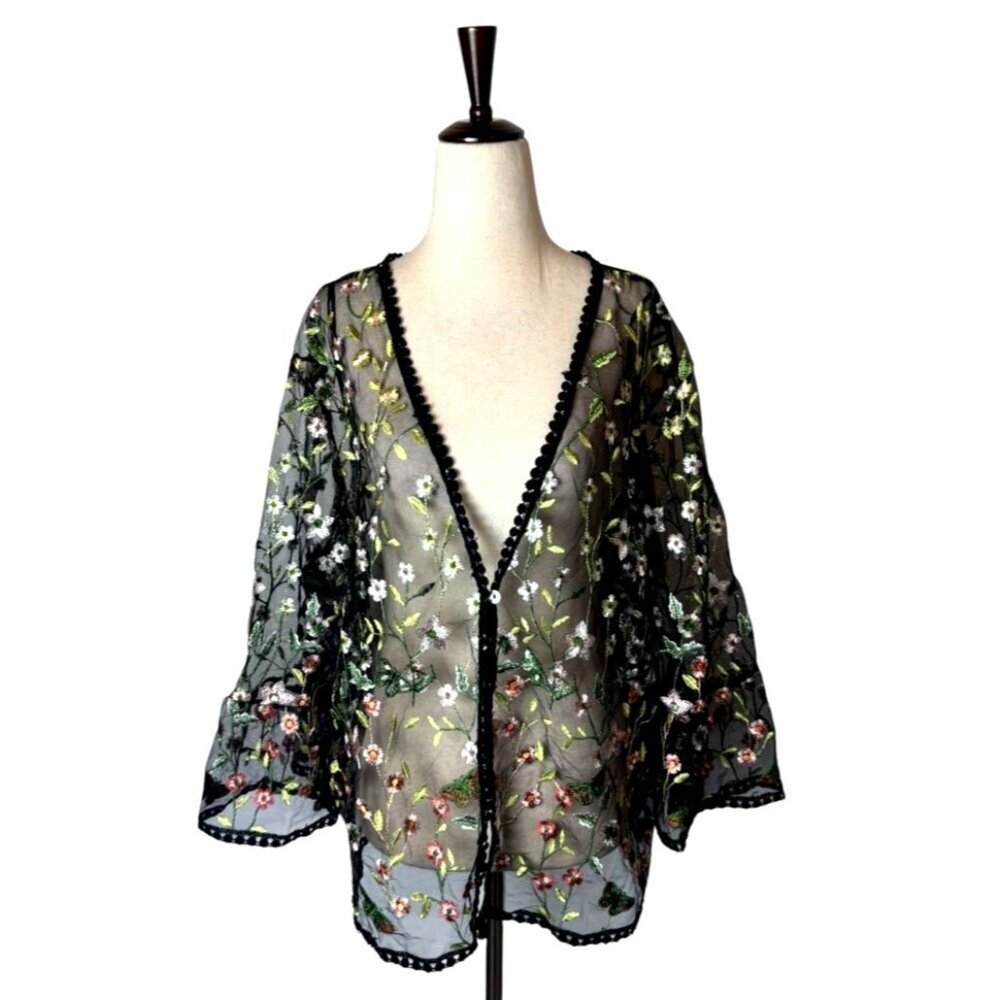 Rabbit‎ Rabbit Rabbit Cardigan Women 3X Black Floral Embroidered Mesh Cardigan - Picture 2 of 12
